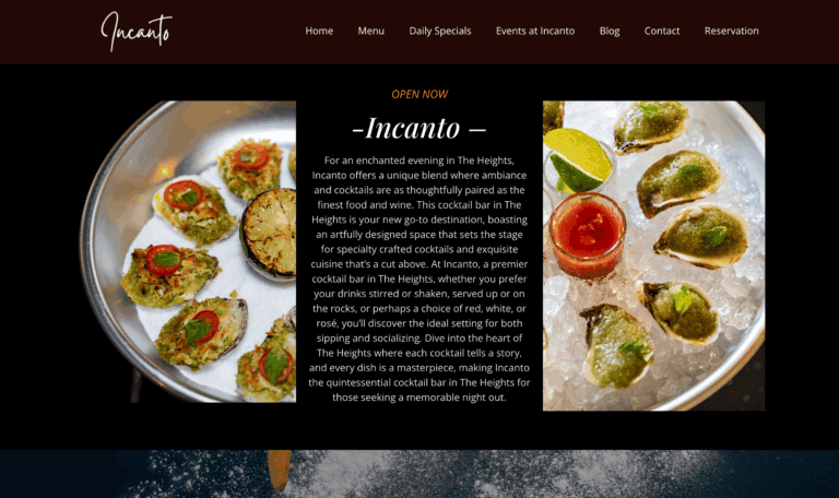 Incanto Houston SEO portfolio example showing on-page optimizations and ranking improvements for a restaurant website